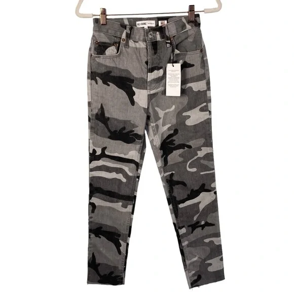 Re/Done High Rise Ankle Crop Stretch - Grey Camo Size 24 - Picture 2 of 11